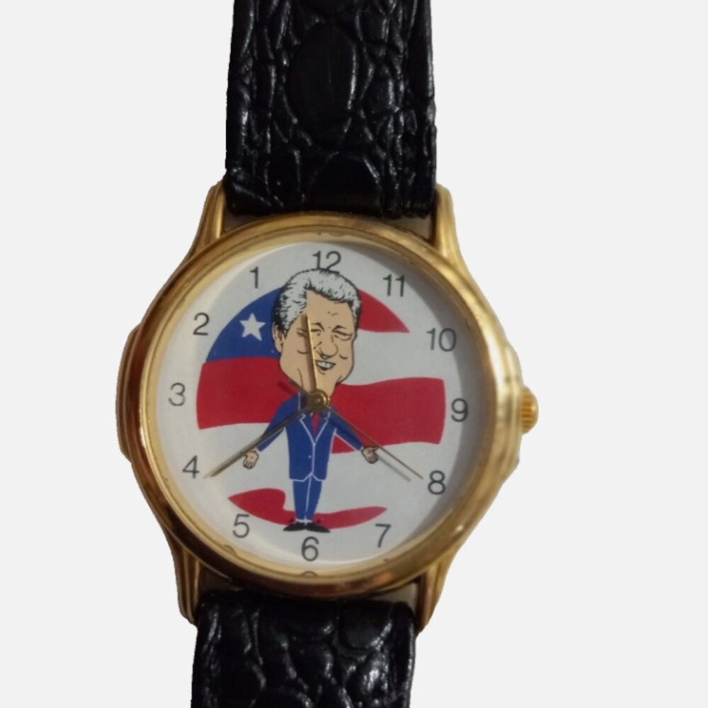 Pres Bill Clinton Watch Whimsical Novelty Runs Backwards Work Black Leather Band